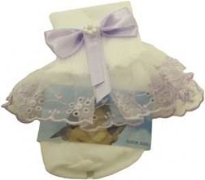 Girls Socks w/ Organza Trimming and Bow  022103E-White/ Lilac